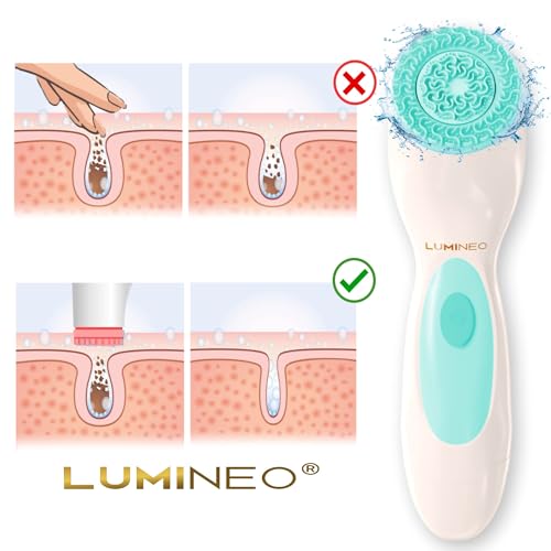 Lumineo Cepillo de limpieza facial con gel limpiador para la limpieza de poros y puntos negros, cepillo facial eléctrico – 3 cabezales de cepillo para todo tipo de piel (turquesa (piel normal)) - imagen 5