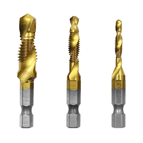 Robinet Combiné, 3 Pièces Combinaison Drill and Tap Bit Set HSS Hex Métrique Ebavurez Fraiser Bits Jeu de perçage métrique,tarauds filetés,filetage métrique avec revêtement en titane HSS M4 M8 M10