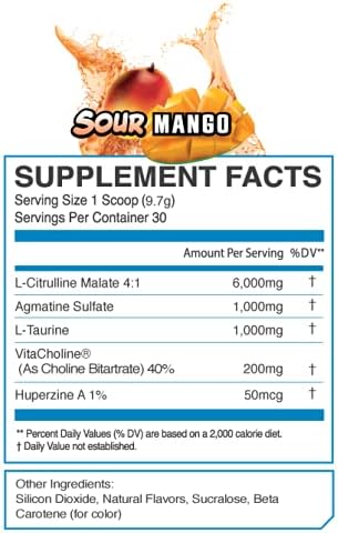 eFlow Nutrition Enflate Stimulant Free Preworkout Supplement - Pump and Focus Nootropic Pre Workout Powder to Boost Focus for Men & Women - Sour Mango (30 Servings)