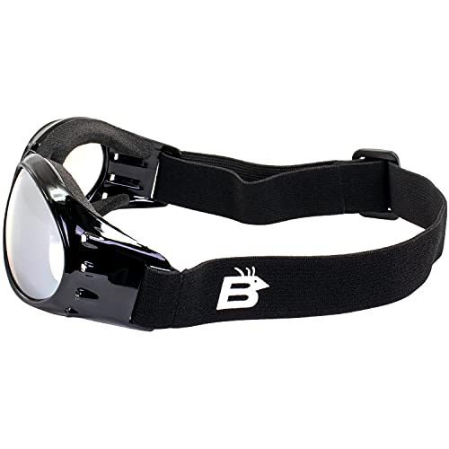 Birdz Eyewear Eagle Padded Motorcycle Airsoft Goggles Gloss Black Frames with Anti-Fog Driving Clear Mirror Lens