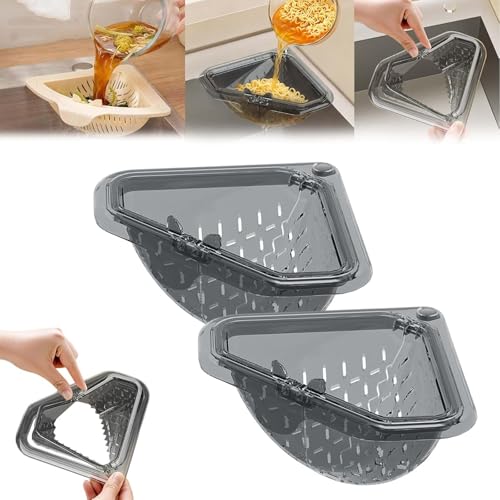 Magnetischer Dreieck Abflusskorb für Küchenspüle, Ohne Bohren, Spülbecken Ecksieb mit Drehverschluss, Multifunktionaler Abtropf- & Filterkorb für Lebensmittelreste, Obst & Schwamm, Platzsparend (A)
