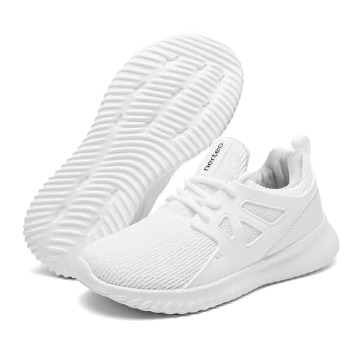 nerteo Girls Boys Kids Cheer Shoes Slip on Tennis Athletic Sneakers for Running, Gym, School, Childrens, Youth Walking, All White Size 1 US Big Kid