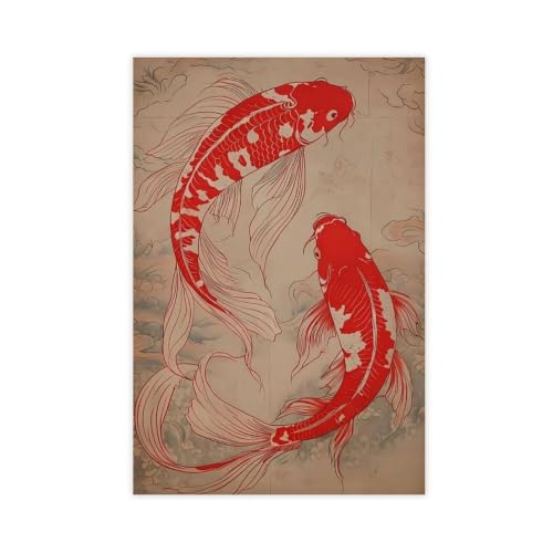 Tableau carpe Koï rouge style asiatique rétro 61x91cm pour chambre
