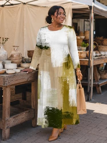 Image of PinkPatty Plus Size Maxi Dress for Curvy Women Crew Neck Long Sleeves Casual Dress Vacation Sundresses with Pockets