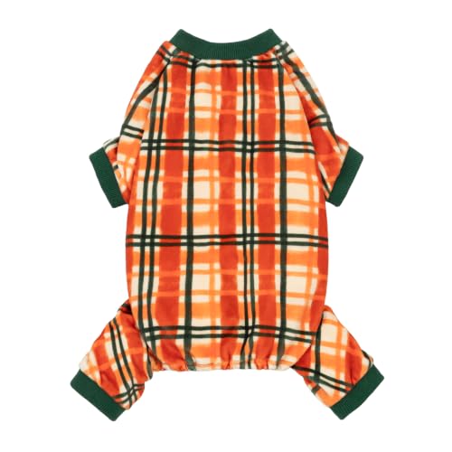 Fitwarm Plaid Dog Fleece Pajamas, Cozy Thanksgiving Outfit for Small Dogs Boy Girl, Pet Fall Clothes, Classic Doggy Onesie, Orange, Green, White, XS