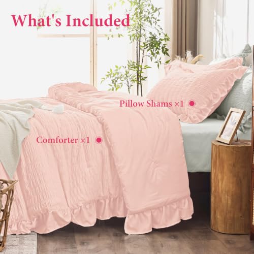 Image of JOLLYVOGUE Blush Pink Twin /Twin XL Comforter Set,3pcs Seersucker Bed Set | OEKO-TEX Certified, All Season, Down Alternative Fill, Lightweight Bedding Set with Ruffle Comforter & Pillowshams, Easy Care