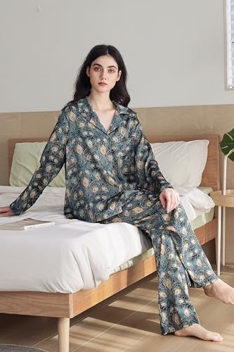Image of YiNi LuLu Womens Silk Satin Pajamas Set Button Down 2 Piece Pjs Long Sleeve Oversized Sleepwear with Pockets