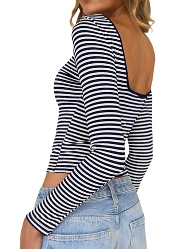 Image of TUUHAW Women Tops Long Sleeve Crew Neck Backless Striped Base T Shirts Lightweight Tight Ladies Knitted Crop Top Sexy Sweet Fall for Everyday Wear Y2K Layering Tops Street Fashion Navy Blue White S