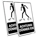 PRINTIMA 2er Set Warnschild "Achtung! Dünnes Eis" 21x32cm – Witterungsbeständig, inkl. Montagedübel – Sicherheitsschild für Eisflächen, Seen, Teiche