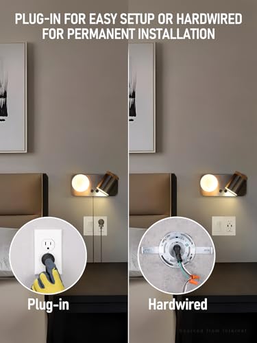 Image of TORCHSTAR Wall Mounted Bedside Reading Light, Dual-Head Sconce with Glass Globe, Plug-in & Hardwired, Adjustable Spotlight, 2 Switches, Satin Nickel, Pack of 2