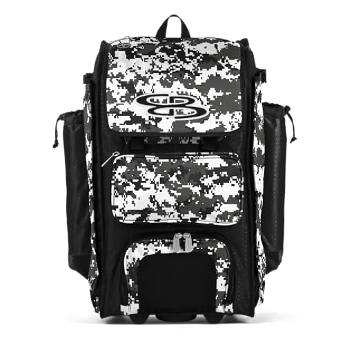 Boombah Rolling Catchers Superpack Baseball/Softball Gear Bag - Telescopic Handle and Holds 4 Bats - Wheeled Version - Digital Camo Black/Charcoal