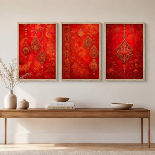 Image of Livin'luxe Set of 3 Red Ethnic Ornament Wall Paintings for Living Room Bedroom Home Decor with Premium Wooden Color Synthetic Frame (25.5 x 19.5 Inch) NM03-96