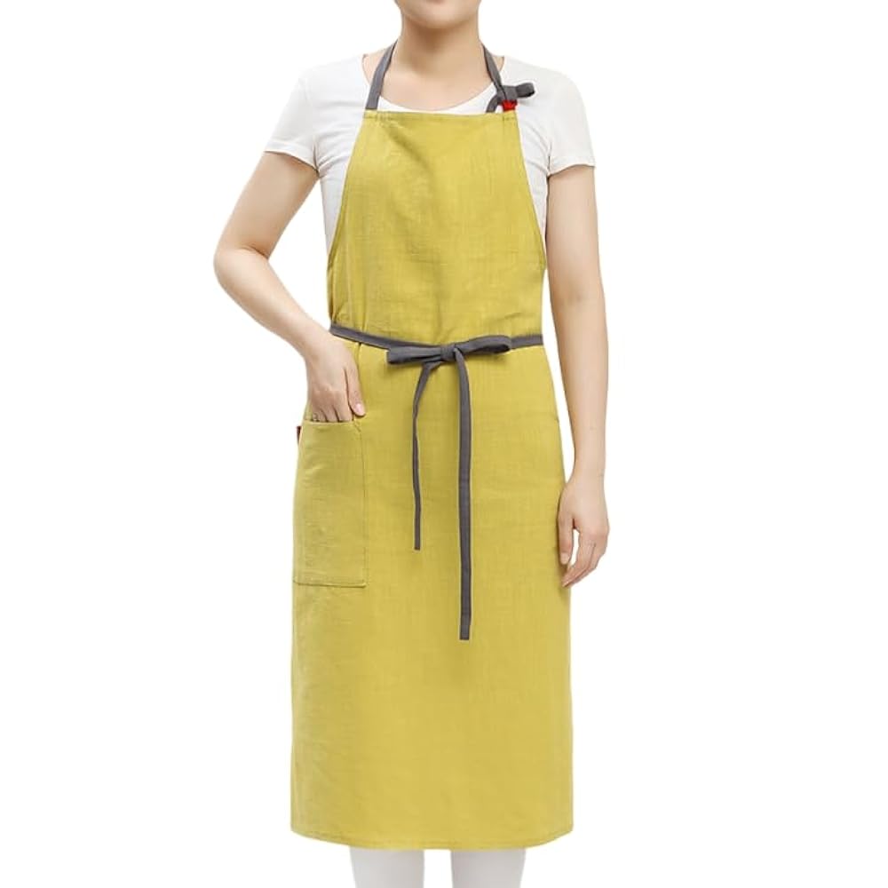 綿麻エプロン　リネンシンプル　おしゃれカフェ料理 男女　イエロー 綿麻エプロン リネンシンプル おしゃれカフェ料理 男女 イエロー 割烹