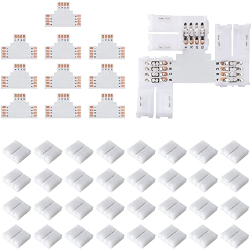 JACKYLED T Shape 4-Pin LED Connectors 10-Pack 10mm Wide Unwired Solderless Gapless Adapter Connectors Terminal Extension 12V 72W with 32pcs Clips for 5050 3528 SMD RGB LED Strip Lights