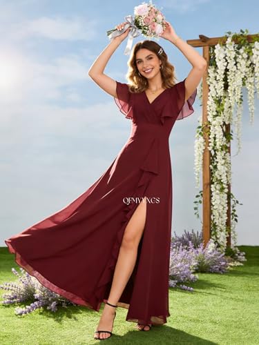 Image of Women's Ruffle Sleeve Bridesmaid Dresses for Women Long Ruffles Split Chiffon Formal Evening Dress with Pockets