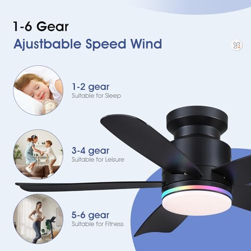 Wiviniya 41 In Flush Mount Ceiling Fans with RGB Lights Remote/APP, Black by Wiviniya - Used condition - Image 2