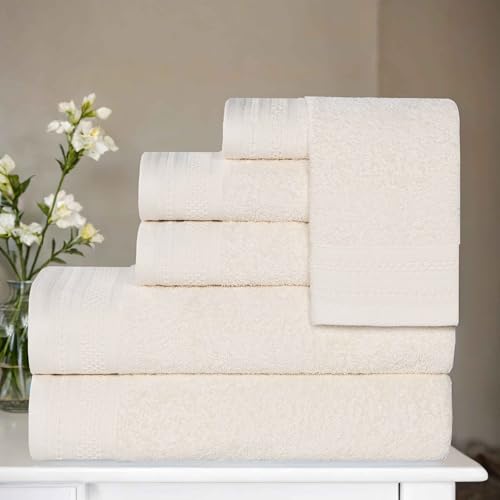 BLUENILEMILLS Honeycomb 500GSM Textured Waffle Border Highly Absorbent and Soft Cotton Light to Medium Weight 6 Piece Towel Set Ivory