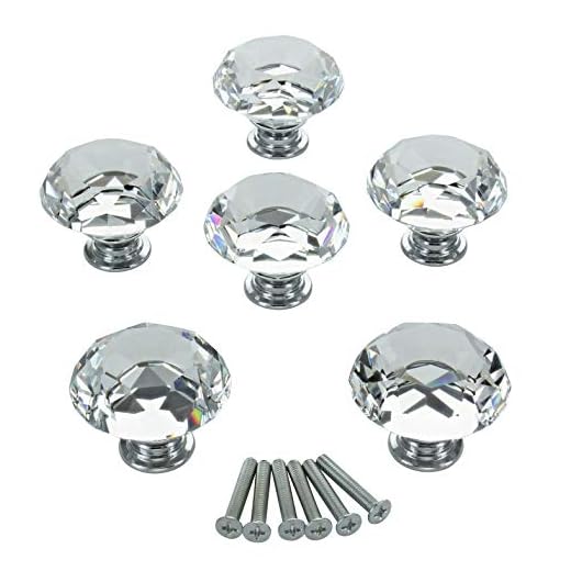 G Decor Kort diamant kristall glas dörrknoppar set, vintage, shabby chic, interiörmöbler, kök badrum sovrumstillbehör, skåp skåp lådor draghandtag, 40 mm (6-pack)