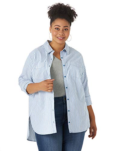 Riders by Lee Indigo Women's Plus Size Wrinkle Free Long Sleeve Tunic, Sapphire Stripe, 2X