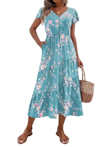Image of Zeagoo Women's Summer Casual Dress Flutter Short Sleeve V Neck Button Down Tiered Flowy Long Dress with Pockets