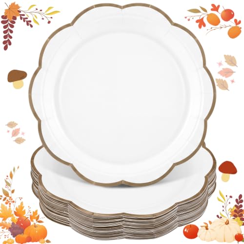 Image of 30 Pcs Brown and White Paper Plates 9 In Scalloped Fall Plates Disposable