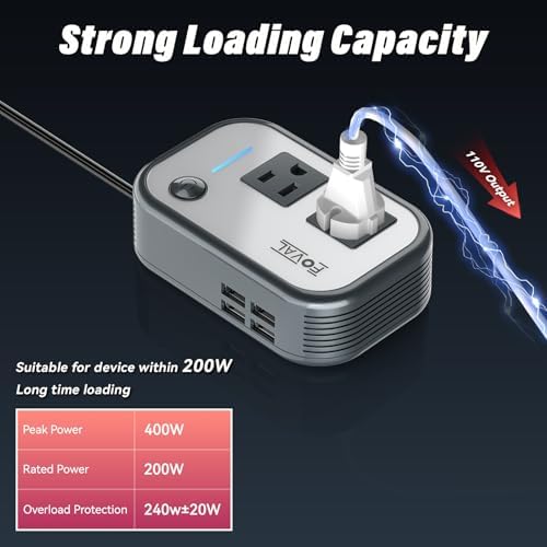 200W 자동차 전원 인버터, FOVAL 12V DC - 110V AC 자동차 인버트, 4개의 USB 포트 자동차 콘센트 어댑터, 차량용 전원 인버터, 노트북 컴퓨터 충전기용 자동차 플러그 어댑터 콘센트 (그레이) — 사진 4