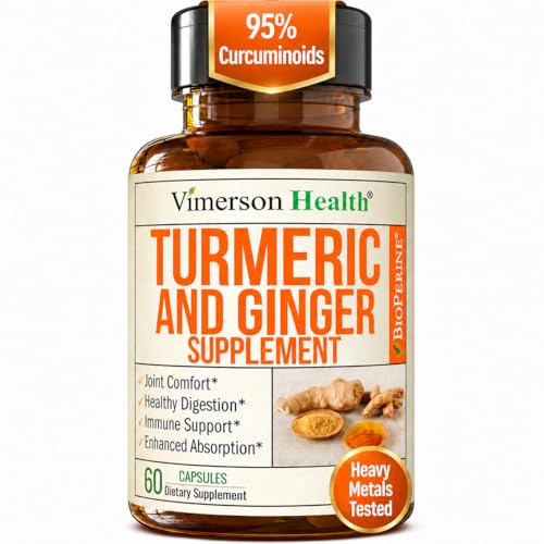 Turmeric and Ginger Supplement with Organic Tumeric for Daily Joint Support, Digestive & Immune Health &ndash; with Ginger & Black Pepper Extract (BioPerine) for Enhanced Absorption &ndash; Non-GMO &ndash; 60 Capsules
