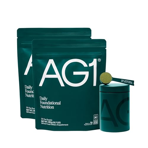 AG1 Greens Powder Refill Bundle – 60 Servings with Stainless Steel Storage Canister & Metal Measuring Scoop | 75 Vitamins, Minerals & Superfoods | Daily Multivitamin & Probiotic | Vegan, Gluten-Free