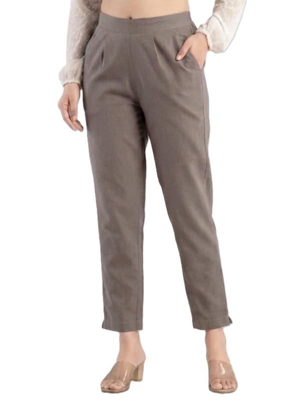 Image of Solid Cotton Woman Trousers Pants Regular Fit Kurti Pant with Drawstring Daily Office Formal Casual Use