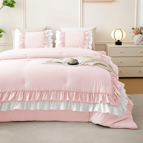 Image of QSH 3PCs Blush White Comforter Full with Ruffles,Farmhouse Shabby Boho Chic Pink Coquette Bedding Comforter Set Full Size (80 inchx90 inch) Ultra Soft Microfiber Lightweight Vintage Bed Set with Pillow Shams