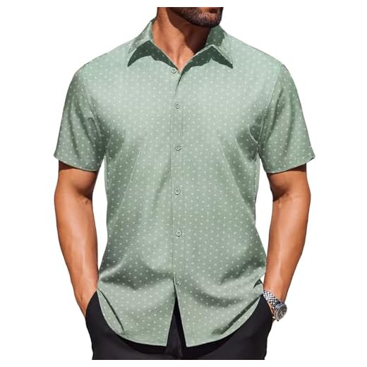 COOFANDY Business Casual Shirts for Men Short Sleeve No Tuck Shirt Office Polka Dot Print Dress Shirt Light Green
