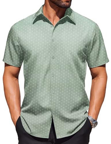 COOFANDY Mens Wrinkle Free Dress Shirt Polka Dot Short Sleeve Button Down Business Casual Shirts