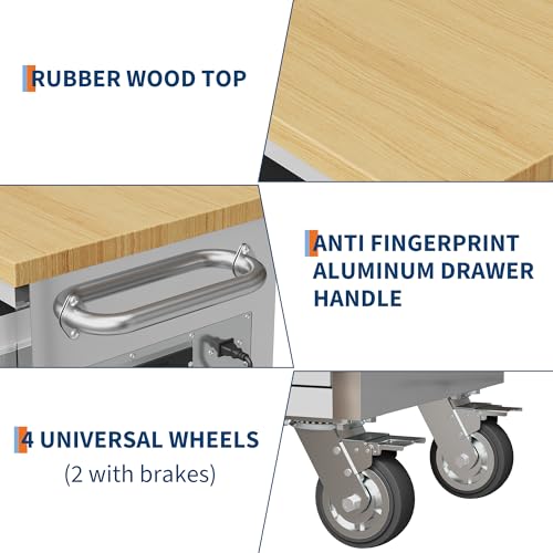 Image of PeakPursuit 72 inch Rolling Tool Chest with 15 Drawers, Solid Rubber Wood Workbench Top, Locking Wheels & Key Lock, Mobile Garage Tool Cabinet for Workshop Storage and Organization, Silver