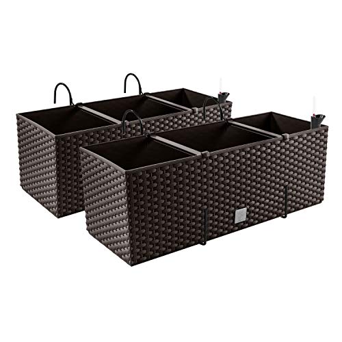 PAFEN 2X Blumenkasten Blumentopf Rattan-Optik mit Halterungen Pflanztopf Wasserstandsanzeiger Balkonkasten Pflanzkästen