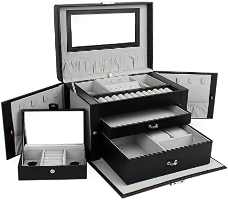 GUKA Jewelry Box for Women, Jewerly Case with 2 Drawers, Leather Design Lockable Jewelry Case with Mirror, Travel Case, for Necklaces Earrings Rings Watches Storage Case, Women Gift