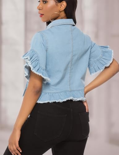 Image of Suvimuga Women's Denim Jacket Button Down Distressed Ruffle Sleeve Crop Jean Jackets Coat