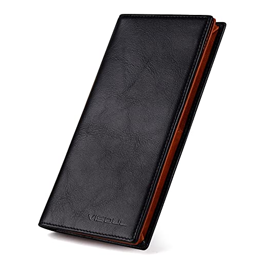 Image of VISOUL Leather Checkbook Cover Wallet for Men with RFID Blocking, Mens Long Bifold Cash Tall Wallet with 11 Credit Card Slots 1 ID Window (Black and Orange)