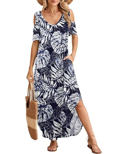 Image of BELAROI Womens Cold Shoulder Maxi Dress Plus Size V Neck Summer Sundresses with Pockets Beach Coverup Vacation Outfits