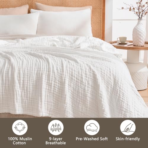 Image of EMME 9 Layer Muslin Cotton Blanket Adults Coverlet,Queen,White