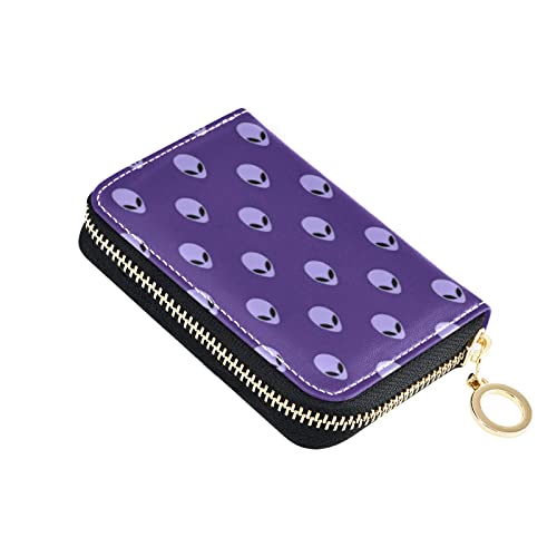 OTVEE Purple Alien Head Credit Card Wallet, Microfiber Leather Zipper RFID Card Case Holder for Men Women