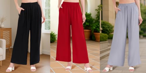 Image of Buy That Trendz Palazzo Pants for Women Rayon Elasticated Regular Fit Flared Wide Leg M to 6XL Pack of 3