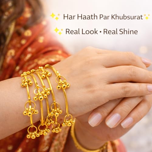 Image of 8 Pcs Ghunghroo Kashmiri Bangles Set for Women Stylish | Gold Tone Kashmiri Chudi | Lightweight Traditional Jewellery