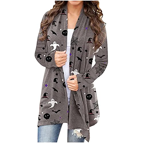 Halloween Costumes for Women Plus Size Long Sleeve Open Front Cardigan Cute Pumpkin Black Cat Ghost Long Coat