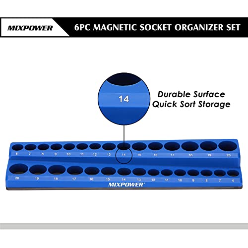 Image of MIXPOWER 6 Pieces SAE and Metric Magnetic Socket Organizers, Total 143 Slots, 1 /4 inch, 3 /8 inch and 1 /2 inch Drive, Magnetic Socket Holder Kit - Red /Blue