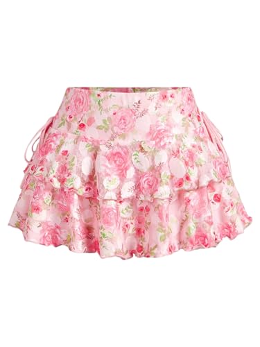 Women's Drawstring Bow Side Mini Skirts Tiered Layer Ruffle Elastic Waist Y2K Coquette Short Skirts