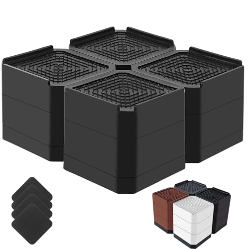 Bed Risers Heavy Duty, Adjustable Furniture Riser Blocks Lift 1.5, 3, 4.3 inches for Couch Table Desk Sofa Chair Legs, Refrigerator, Washing Machine - Support up to 4000 lbs (Black 4 Pack, 3 inch)