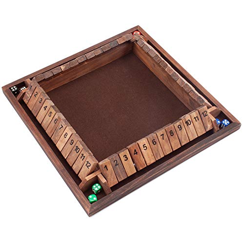 Gse 4-Player Wooden Shut The Box Dice Board Game With 8 Dices. 4-Way Shut The Box Set Classic Tabletop Version Of Popular English Pub Board Game (12 Numbered) #TOP1