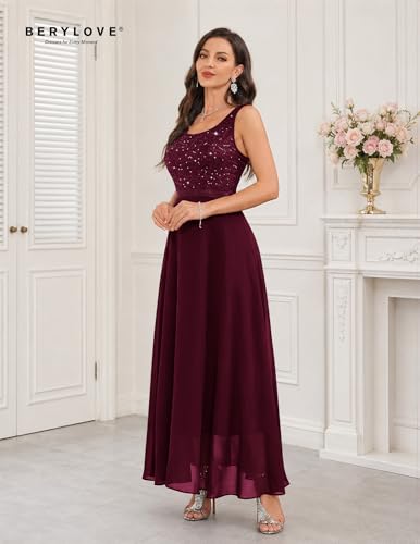 Image of BeryLove Sequin Dress for Woman Vintage A Line Wedding Formal Swing Mesh Dress Sleeveless Cocktail Maxi Gowns