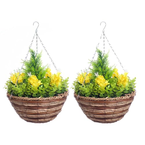 Pair Of Best Artificial Yellow Hyacinth Flowers in 10 Inch Round Woven Hanging Baskets with Eucalyptus leaves and Conifer Centre