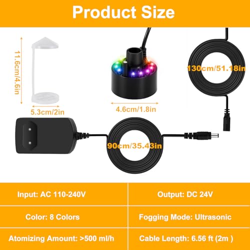 Ultraschall Vernebler, Mini Nebelmaschine mit 12 LED-Licht Nebler Fogger Leiser Zerstäuber 24V Nebelhersteller für Teich, Aquarium,Halloween Pumpkin und Hexentopf mit Spritzwassergeschütztem Zubehör